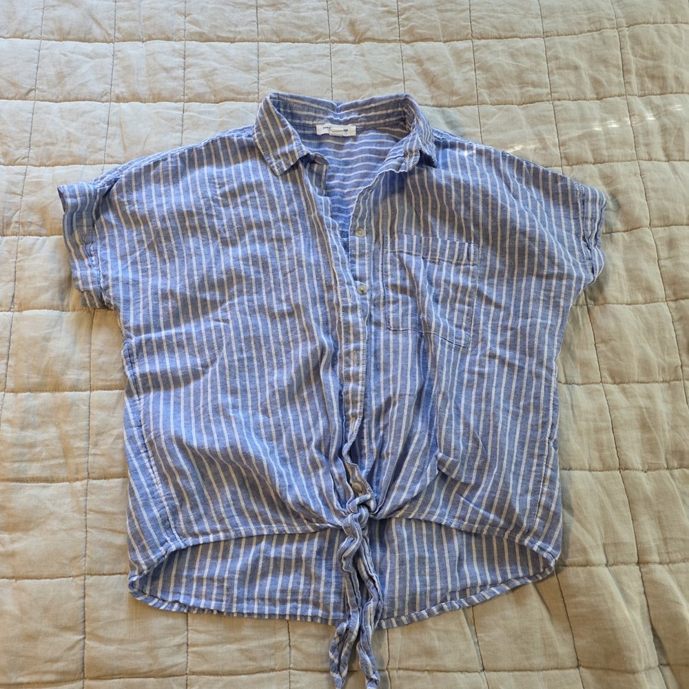 Beach Lunch Lounge Women's S Blue White Stripe‎ Tie Front Short Top Beach